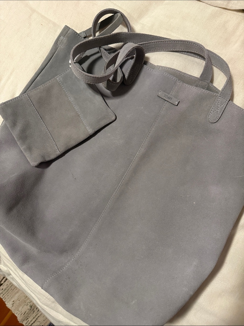 TOMS Gray Suede Tote with Matching Wrist Pouch